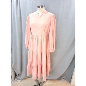 Dainty Jewells Peach Pink Tiered Midi Dress Long Sleeve Modest Cotton Blend M